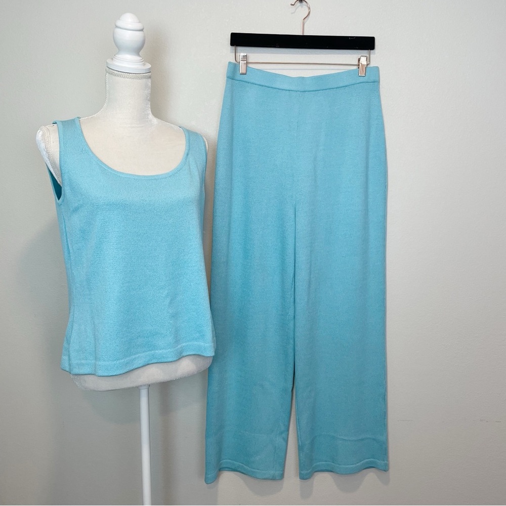 St John Santana Knit 2 Piece Sleeveless Top & Wide Leg High Rise Pants Large